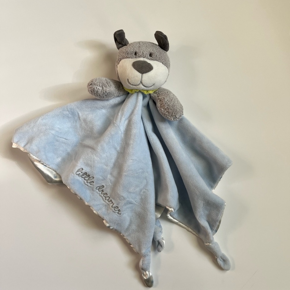 Carters Little Dreamer Gray Dog Blue Security Blanket Satin Stars Lovey Rattle